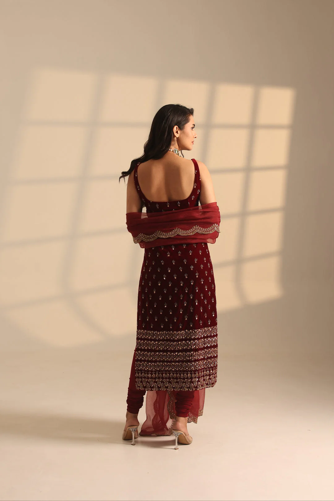 Red Velvet With Heavy Booti Work Long Kurti Set - Image 5