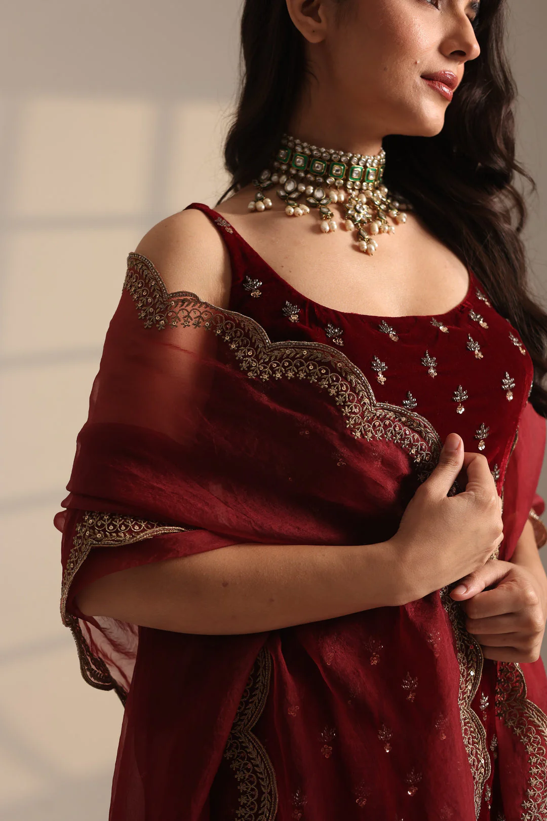 Red Velvet With Heavy Booti Work Long Kurti Set - Image 6