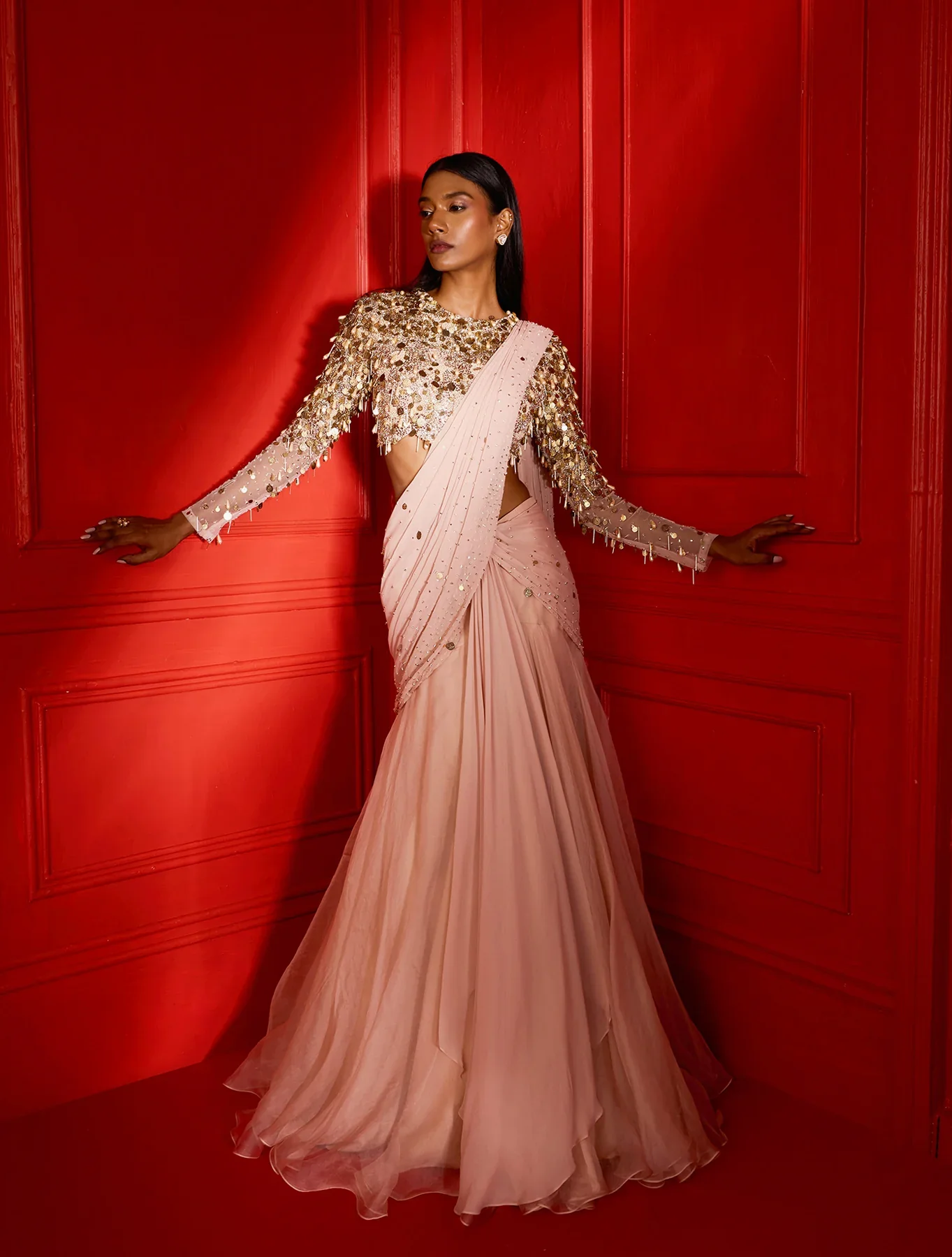 RENE - Beige Gold Coins, Pearls Fit-To-Flow Organza Skirt Set