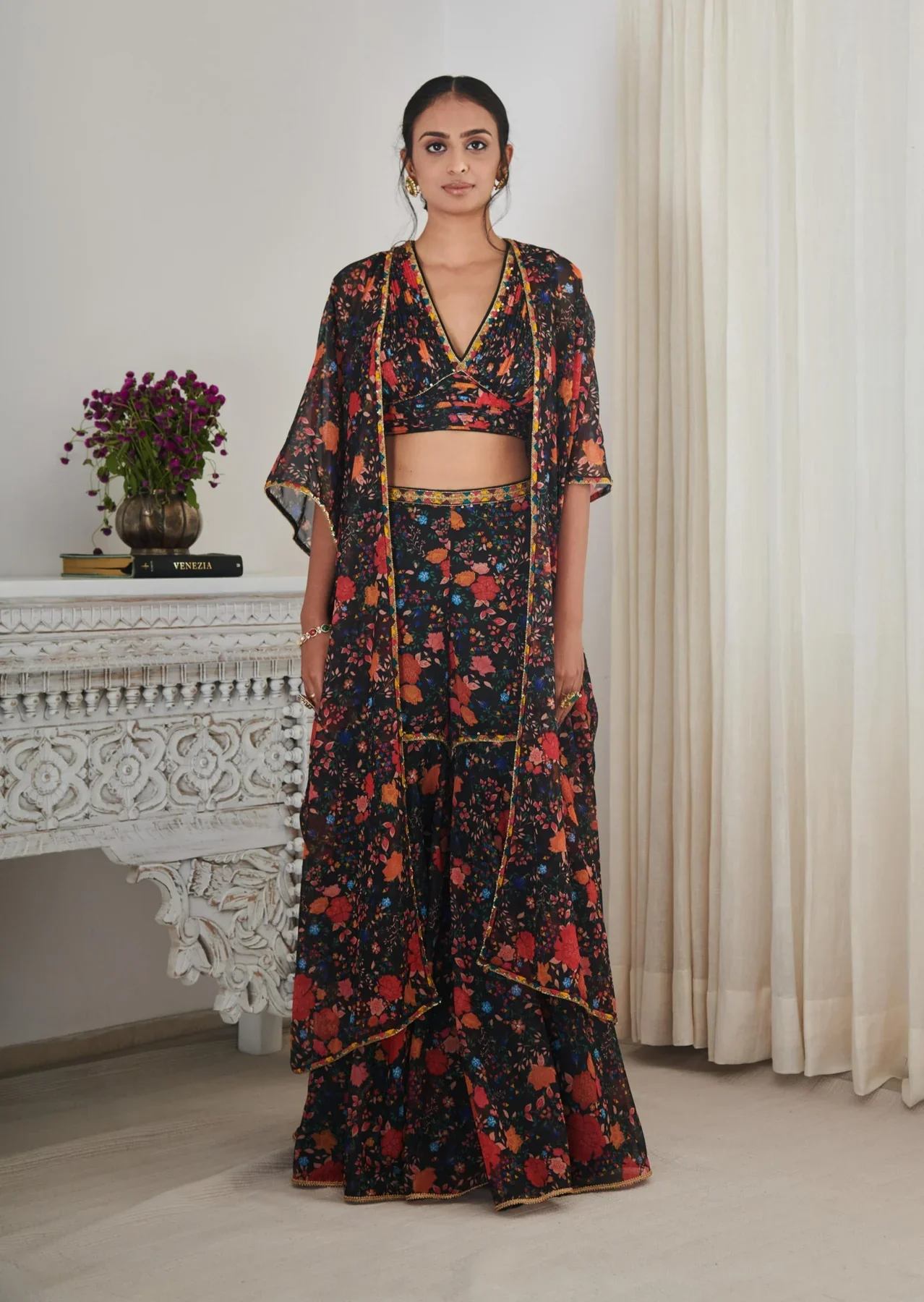RITHI - Black Floral Printed Jacket, Bralette and Gharara