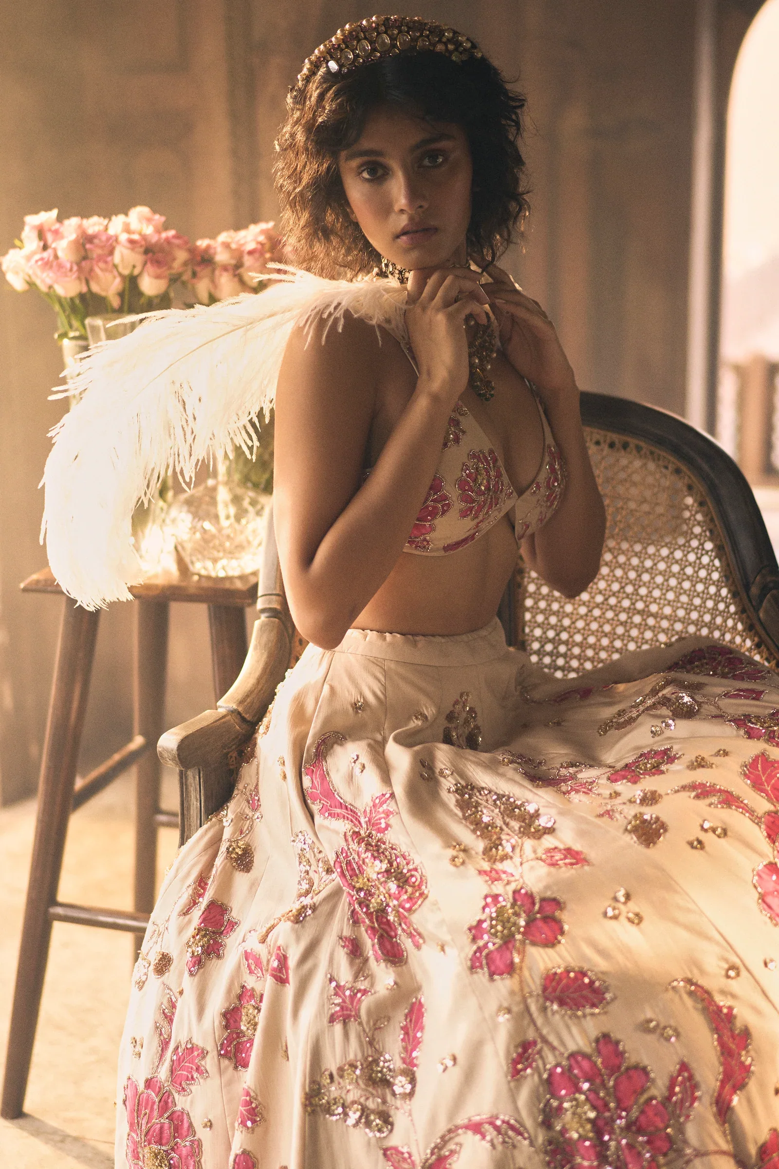 Romantic Ivory and Pink Floral Print Lehenga - Image 2