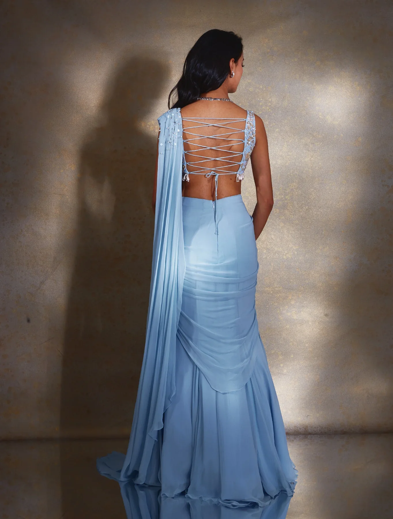 Rome Dusty Blue Fish Pre-Pleated Sari - Image 3