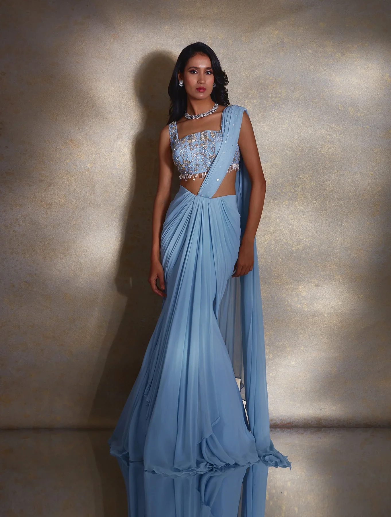 Rome Dusty Blue Fish Pre-Pleated Sari - Image 4
