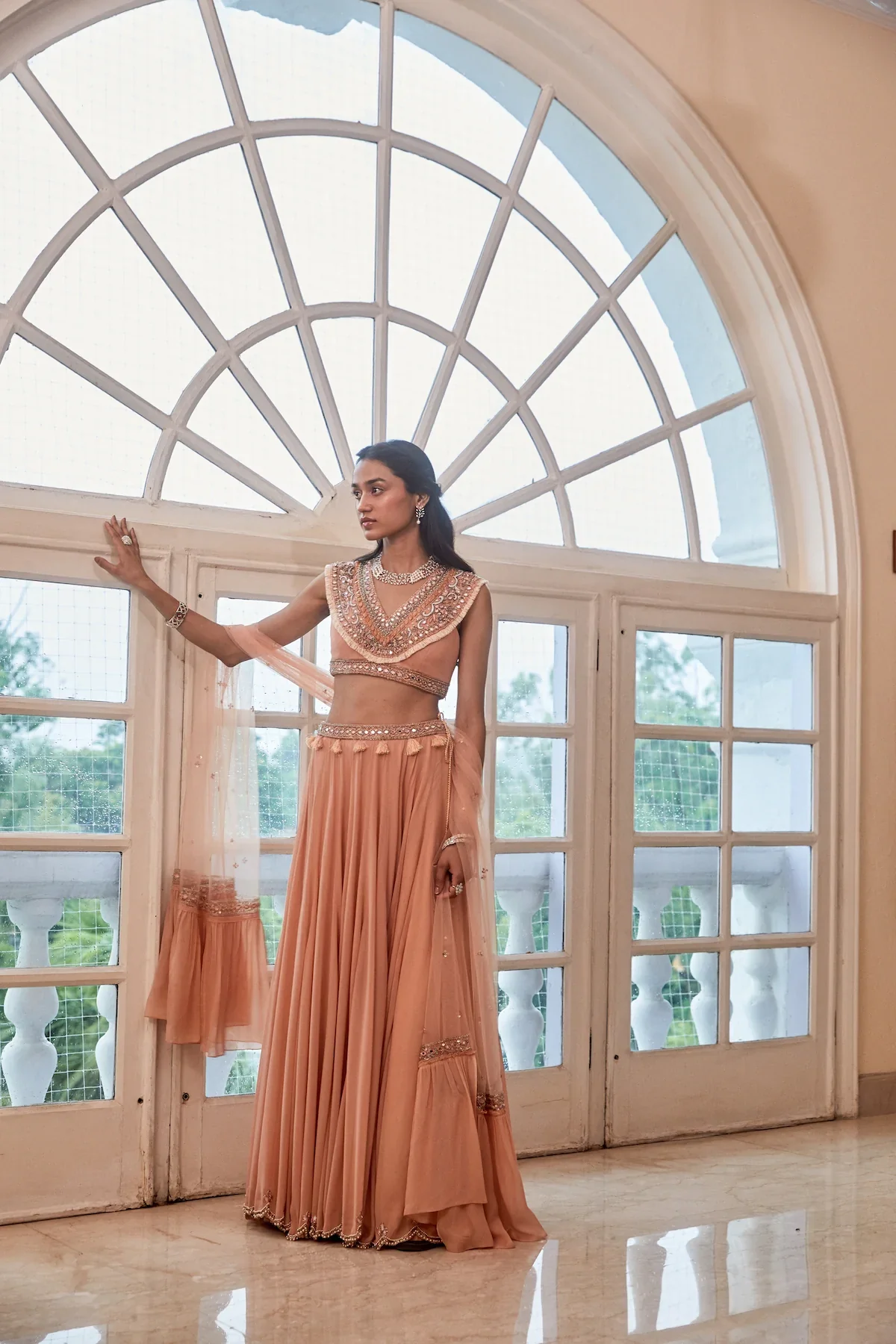 Rose Gold Lehenga With Boho Blouse And Dupatta - Image 3