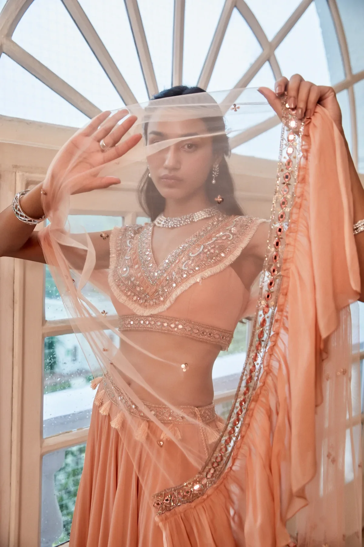 Rose Gold Lehenga With Boho Blouse And Dupatta - Image 5