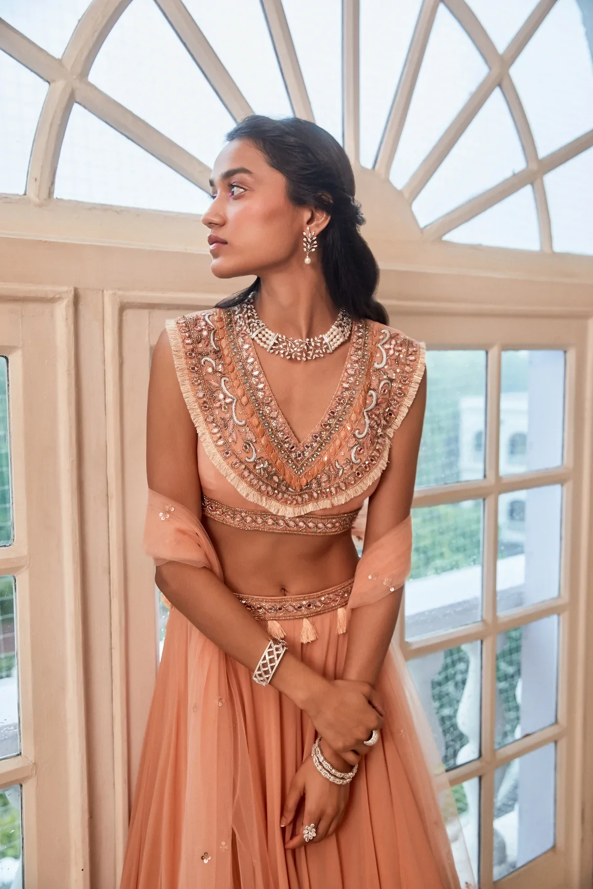 Rose Gold Lehenga With Boho Blouse And Dupatta - Image 6