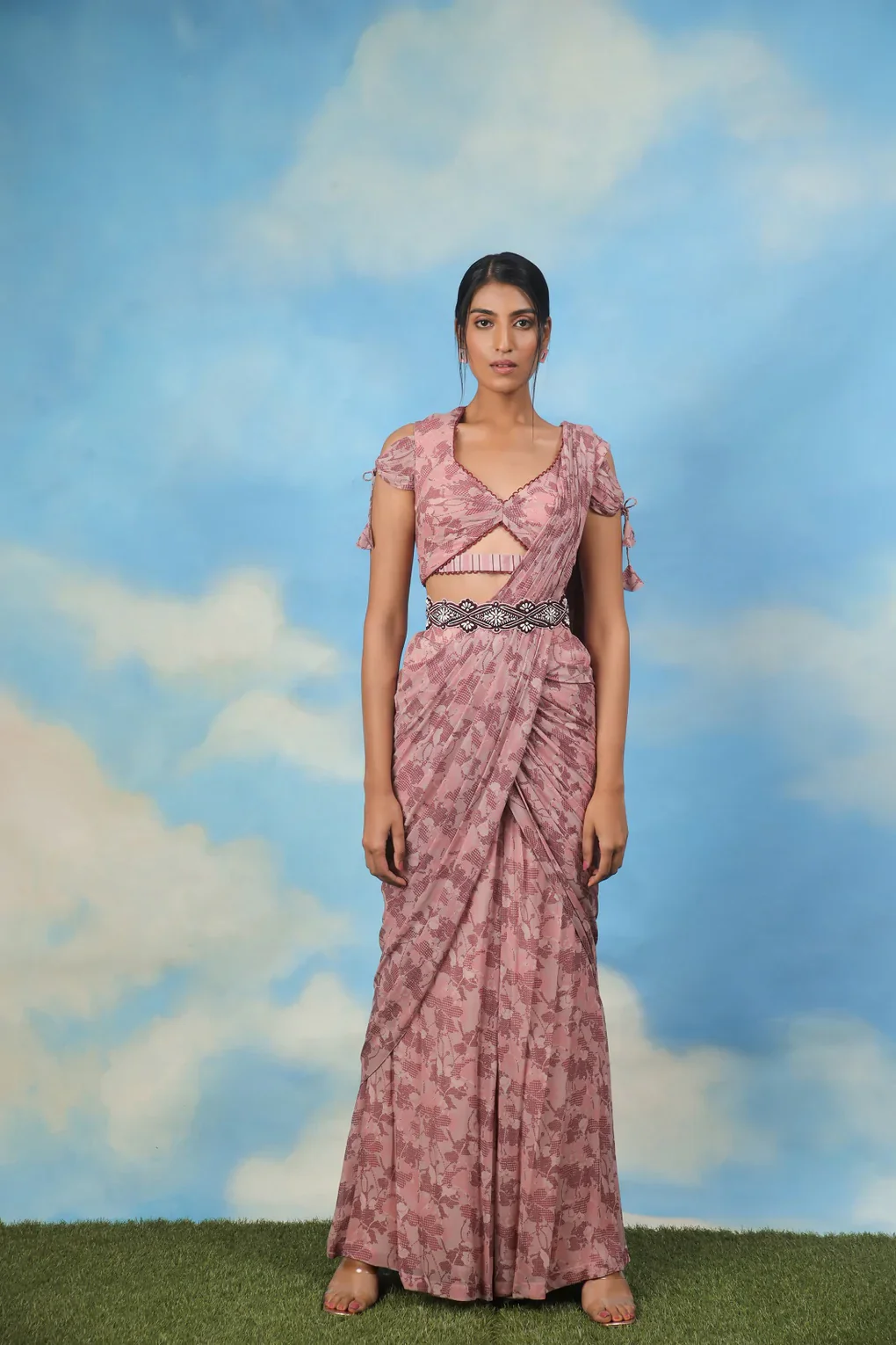 Rose Gold Palazzo Sari With Blouse And Belt - Image 2