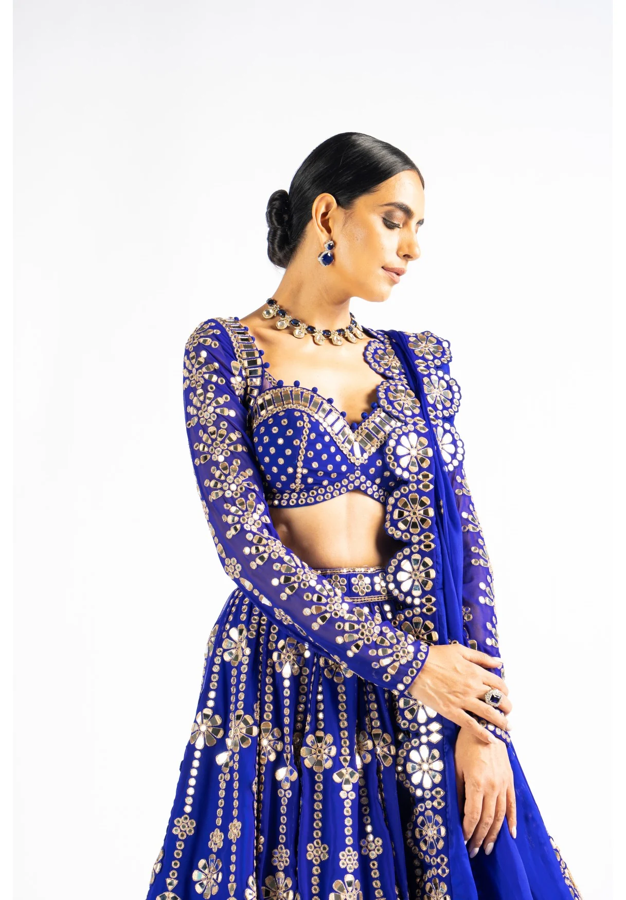 Royal Blue Big Flower Linear Lehenga Set - Image 5