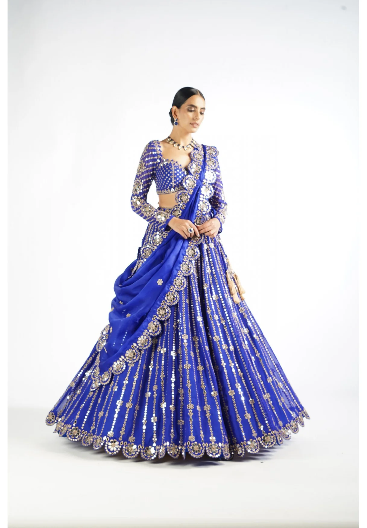 Royal Blue Small Flower Linear Lehenga Set - Image 3