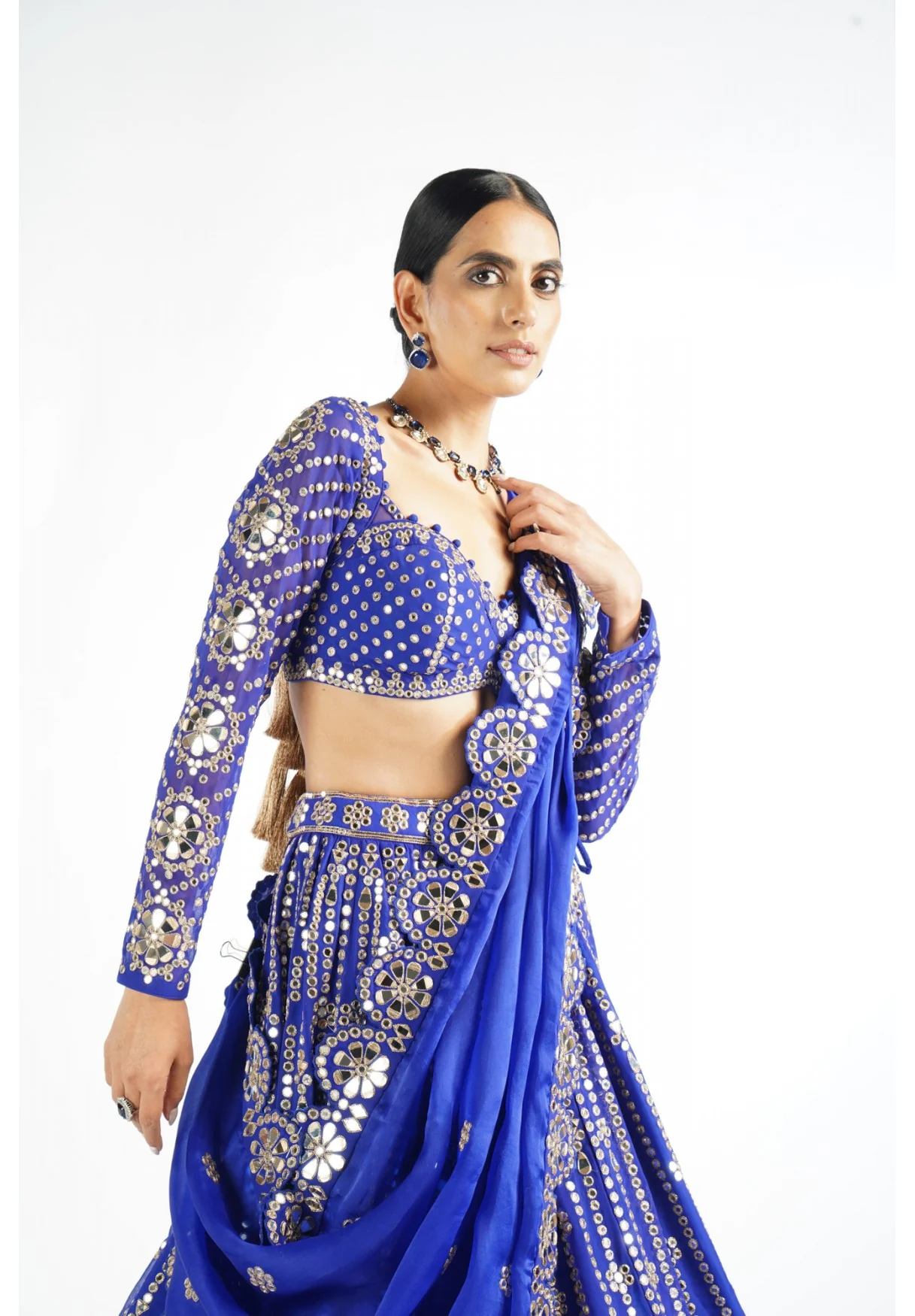Royal Blue Small Flower Linear Lehenga Set - Image 4
