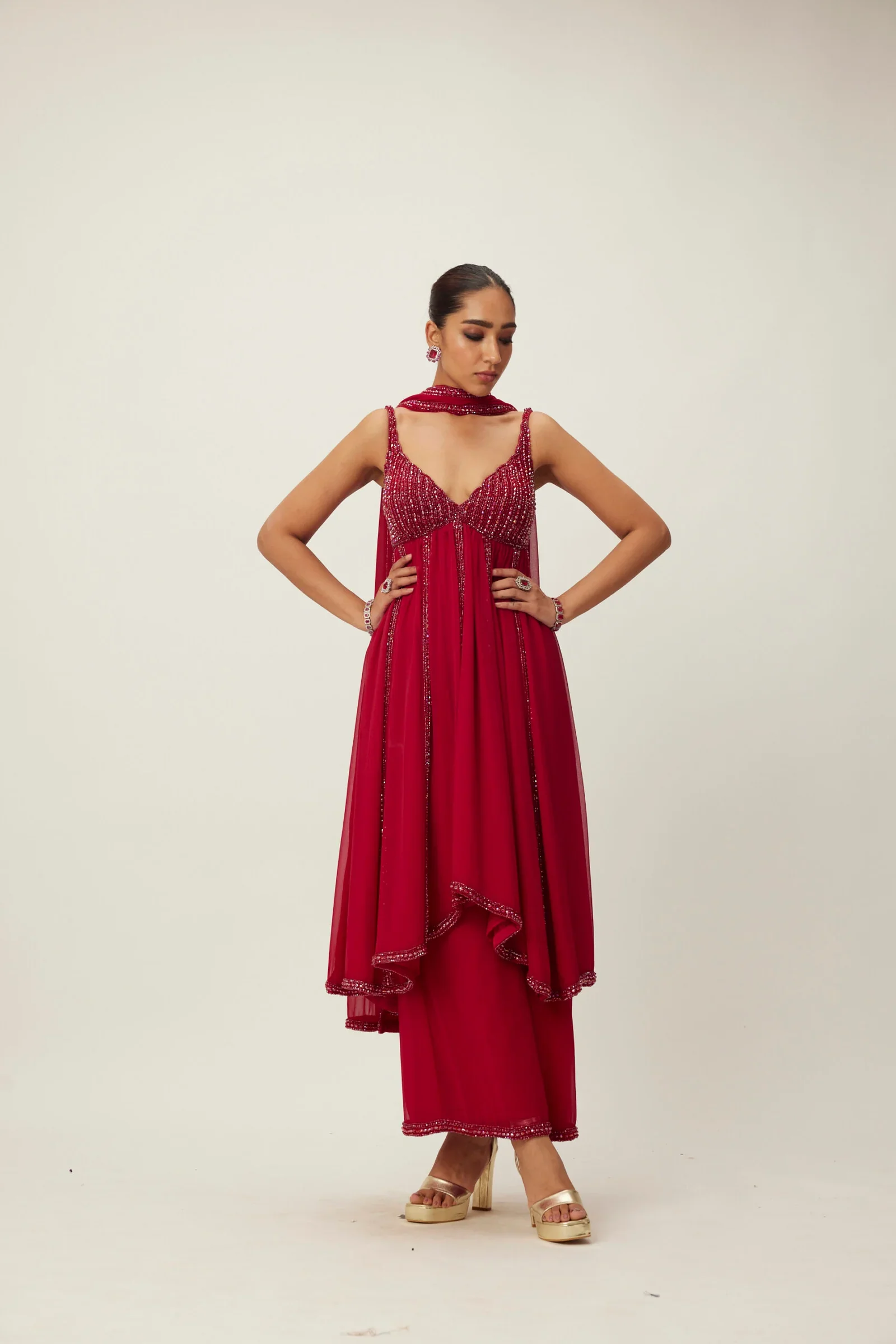 Ruby Red Crystal embellished Kurta Set