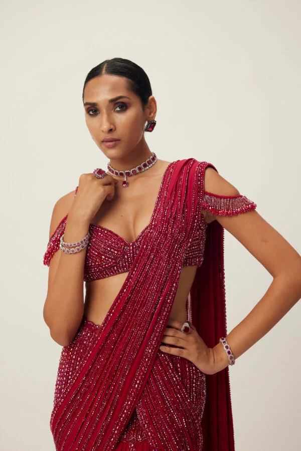Ruby Red Pre Draped Crystal Embellished Saree Set - Image 2