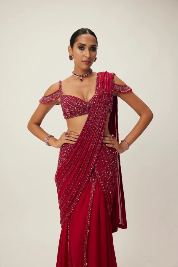 Ruby Red Pre Draped Crystal Embellished Saree Set - Image 3