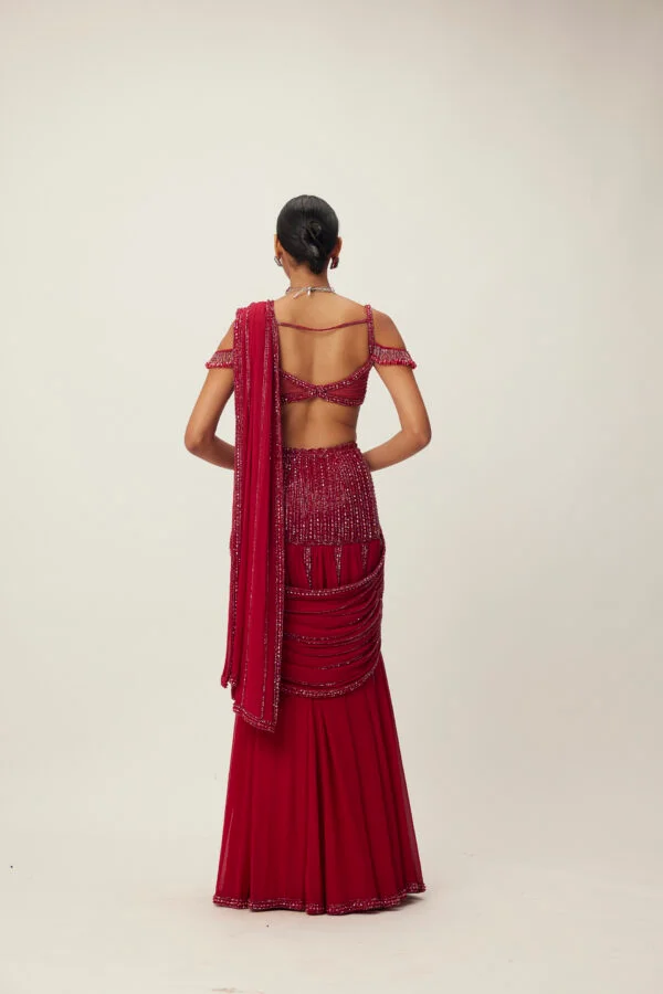Ruby Red Pre Draped Crystal Embellished Saree Set - Image 4