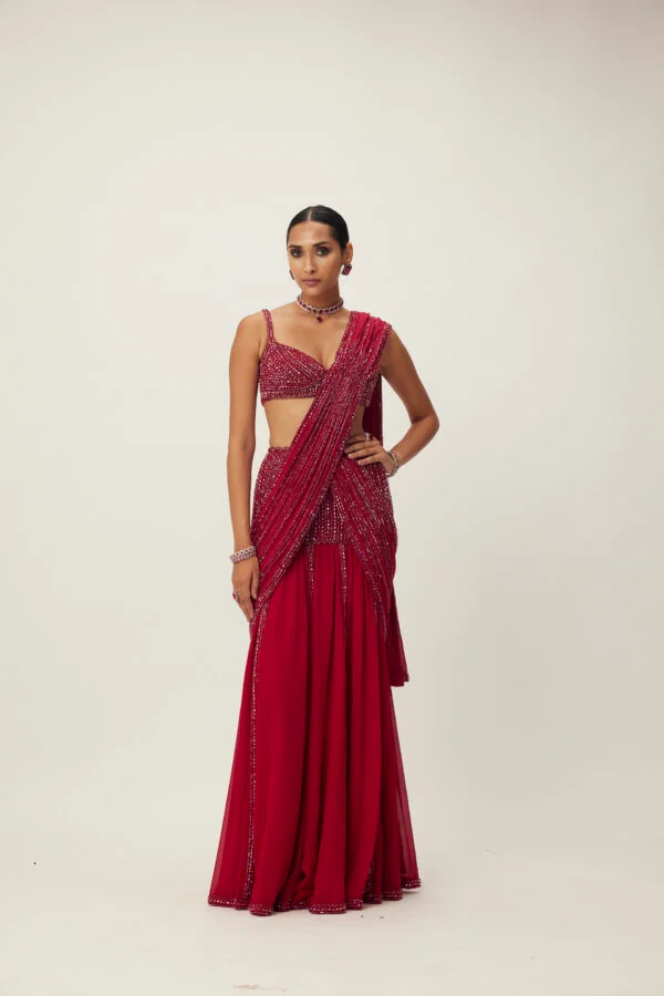 Ruby Red Pre Draped Crystal Embellished Saree Set - Image 5