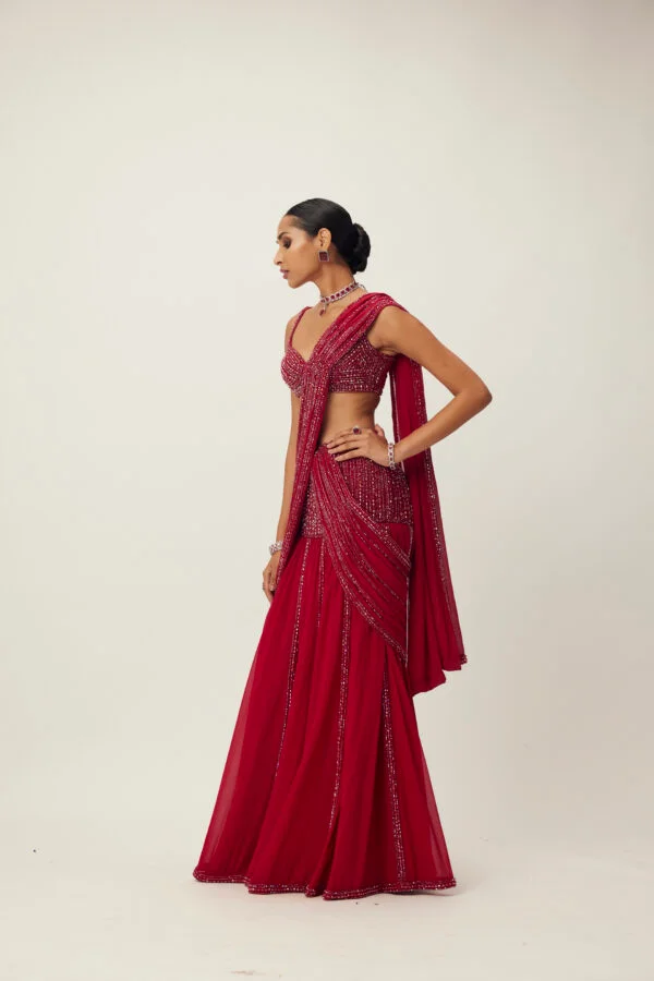 Ruby Red Pre Draped Crystal Embellished Saree Set - Image 6