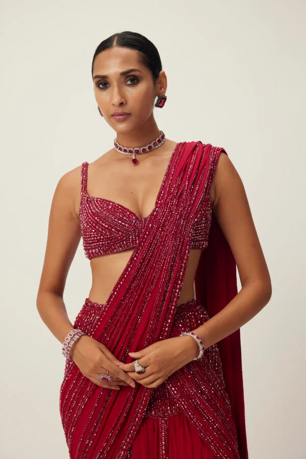 Ruby Red Pre Draped Crystal Embellished Saree Set - Image 7