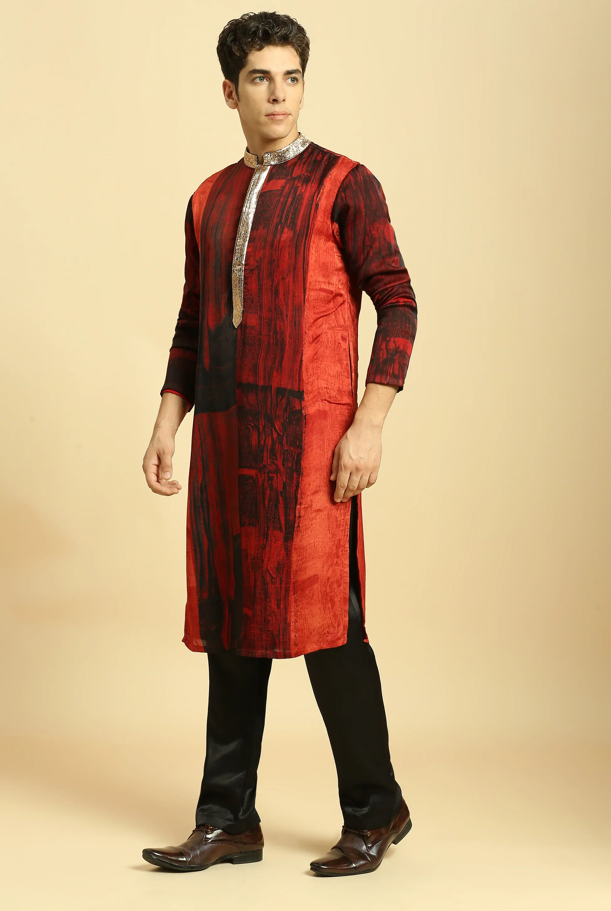 Rust Ajrakh Printed Kurta With Black Pant - Image 3