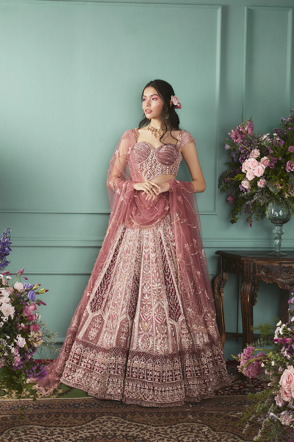 Rust/Rose Lehenga With French Chateau Elements