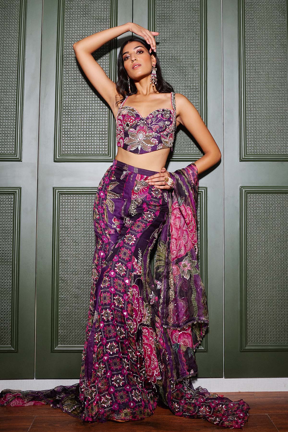 Safa - Hand Embroidered Backless Choli with Trail Sharara And Dupatta