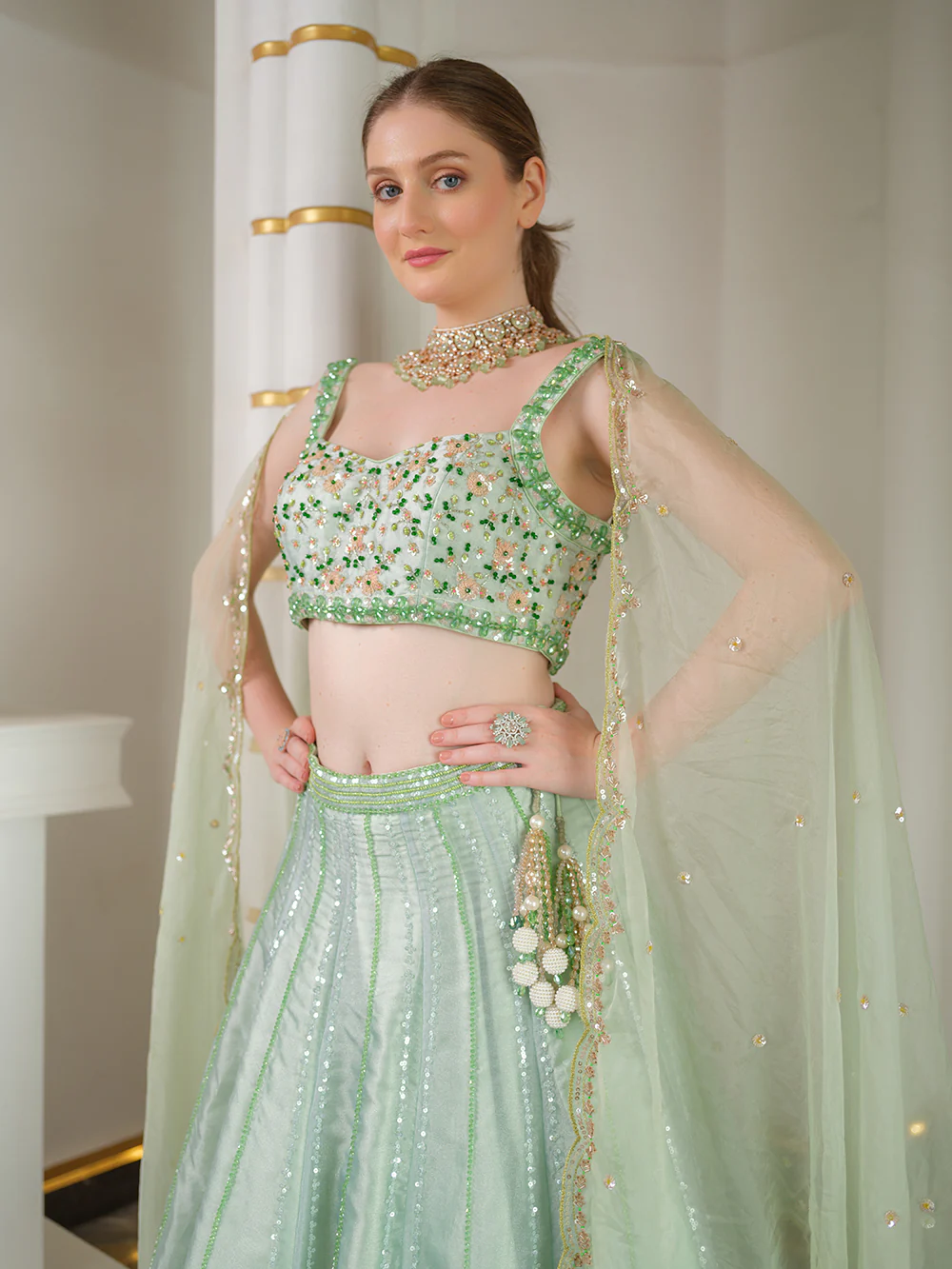 Sage Green Handcrafted Lehenga Set - Image 2