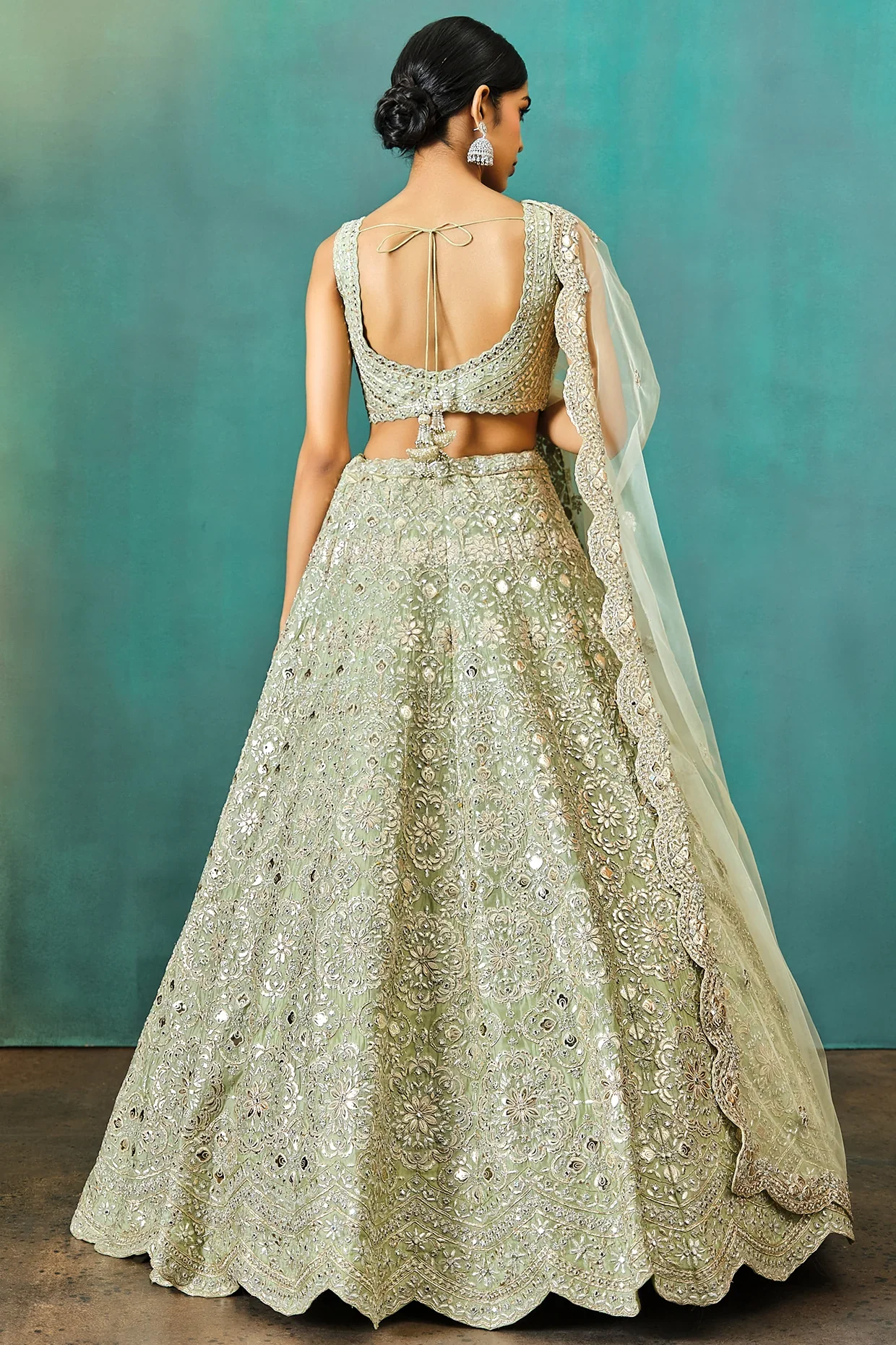 Sage Green Net Foil Applique Lehenga - Image 3