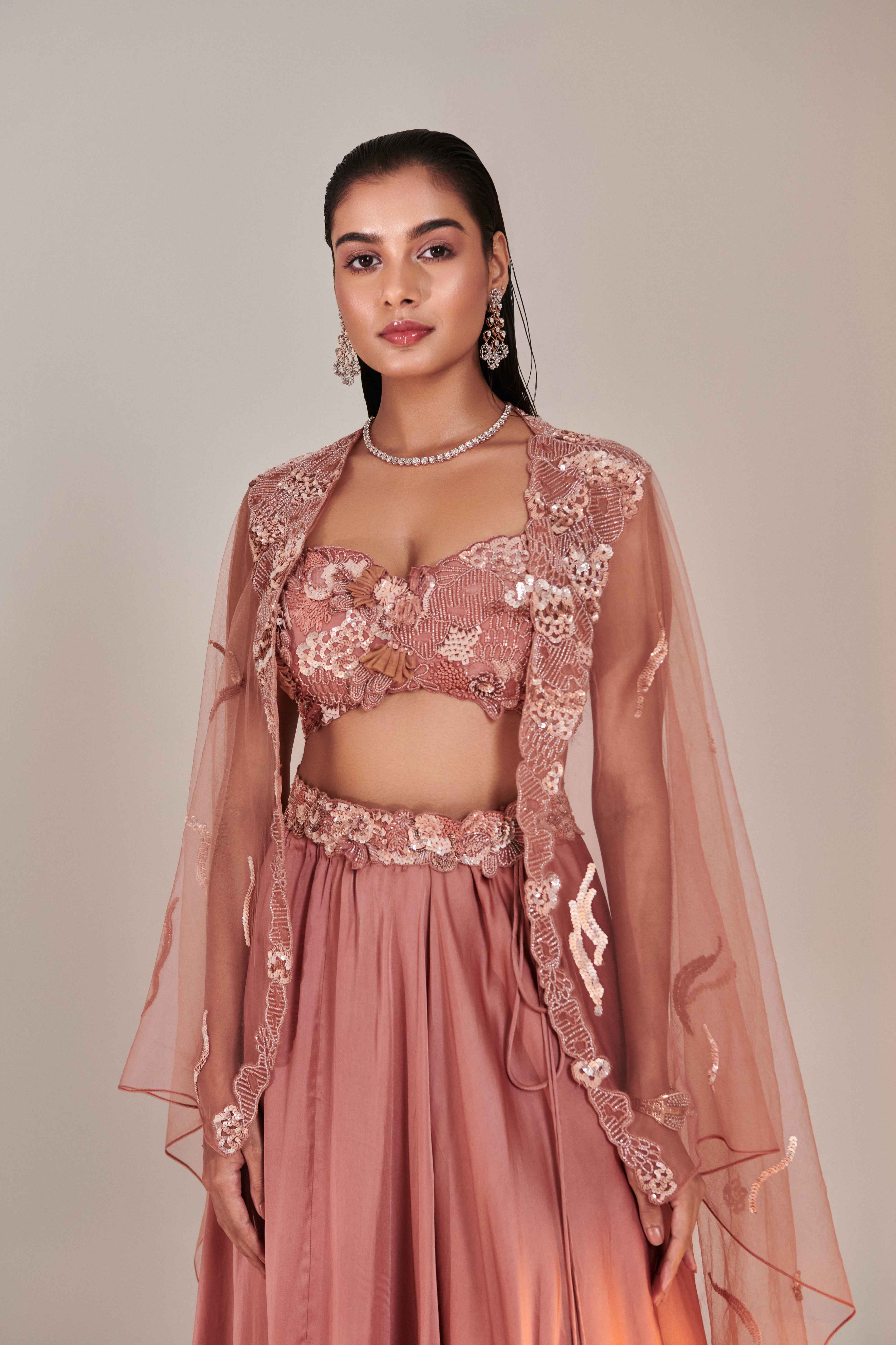 Salmon Pink Cutwork Blouse Applique Lehenga - Image 2