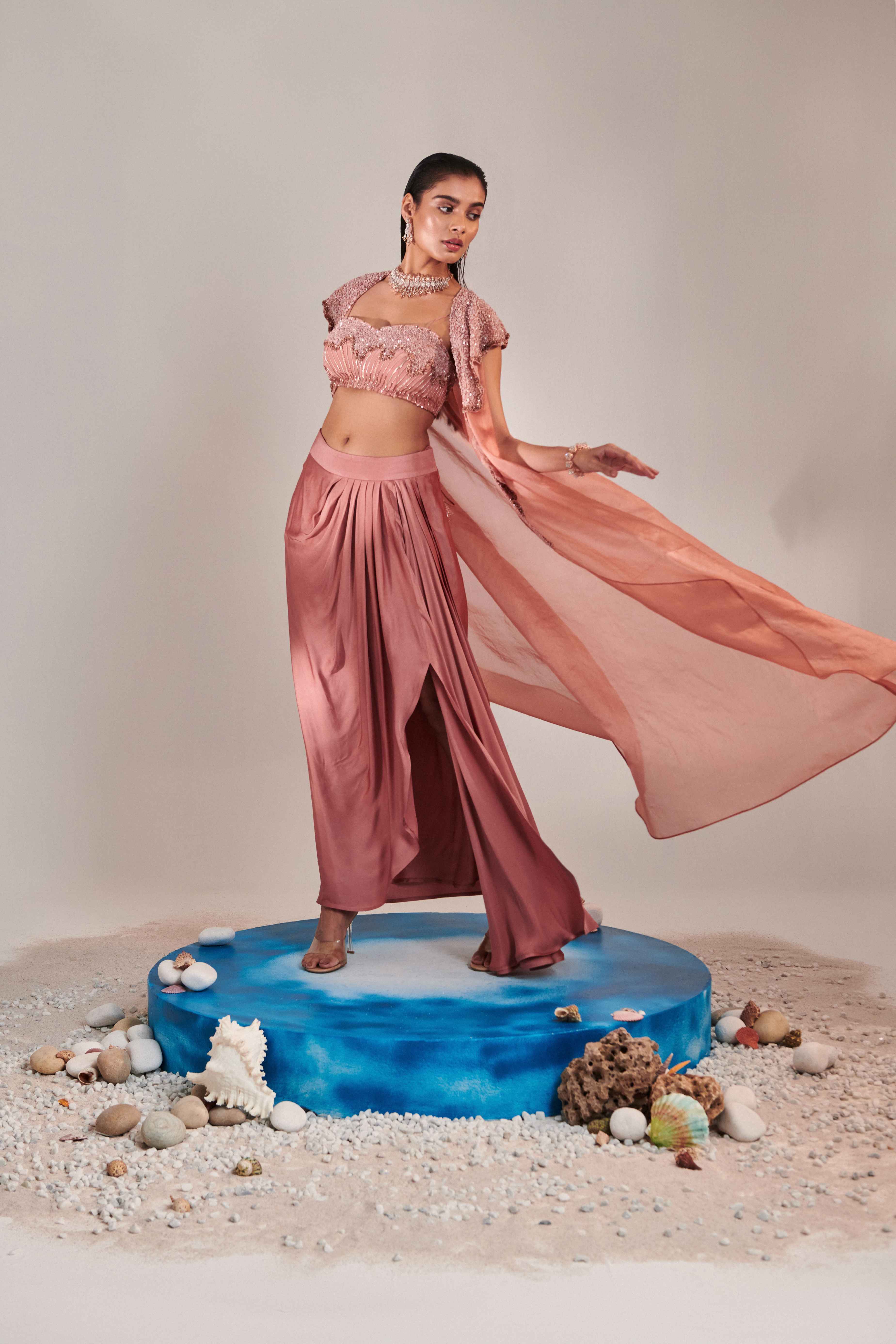 Salmon Pink Hawl Collar Cutwork  Cape - Image 3