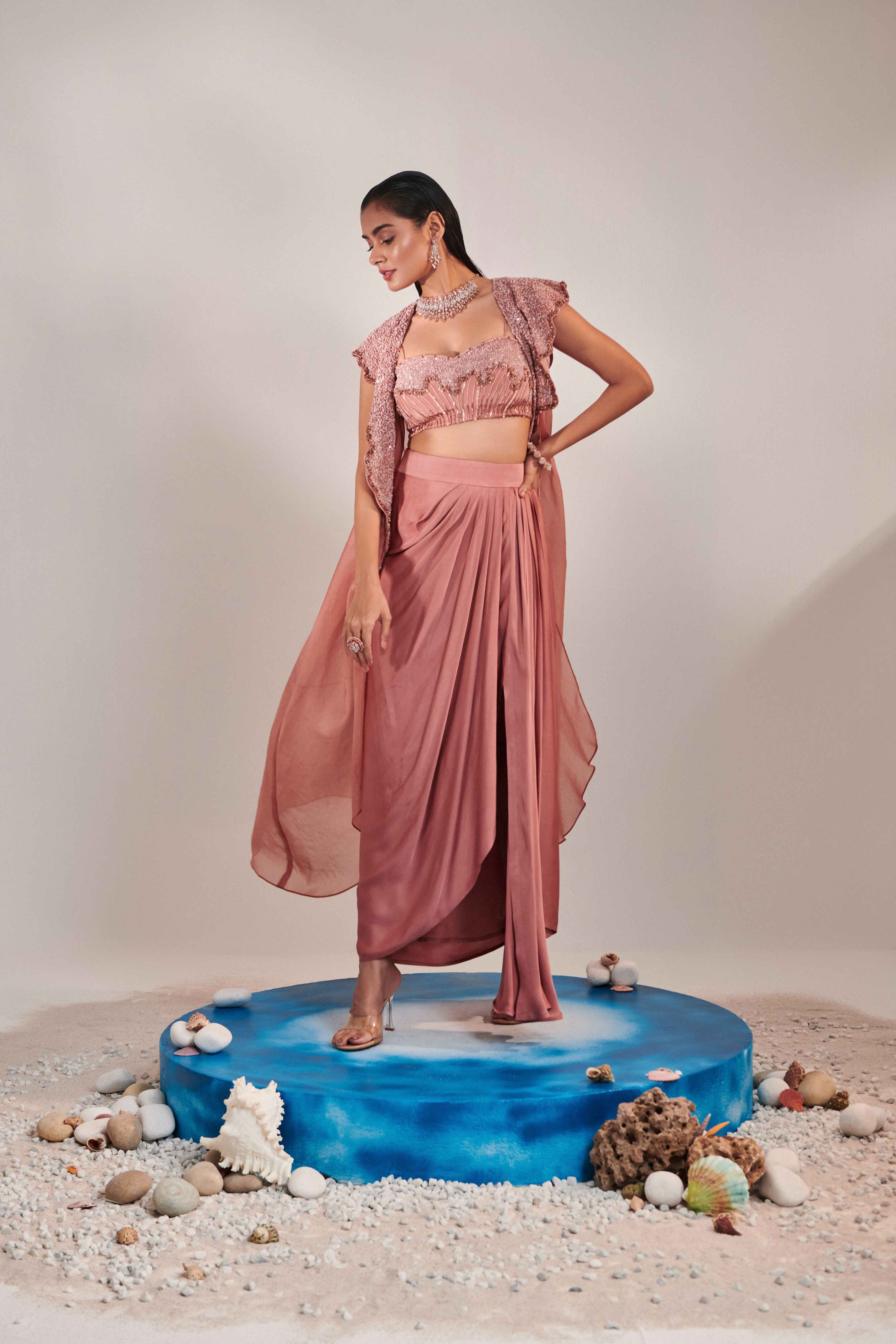 Salmon Pink Hawl Collar Cutwork  Cape - Image 4