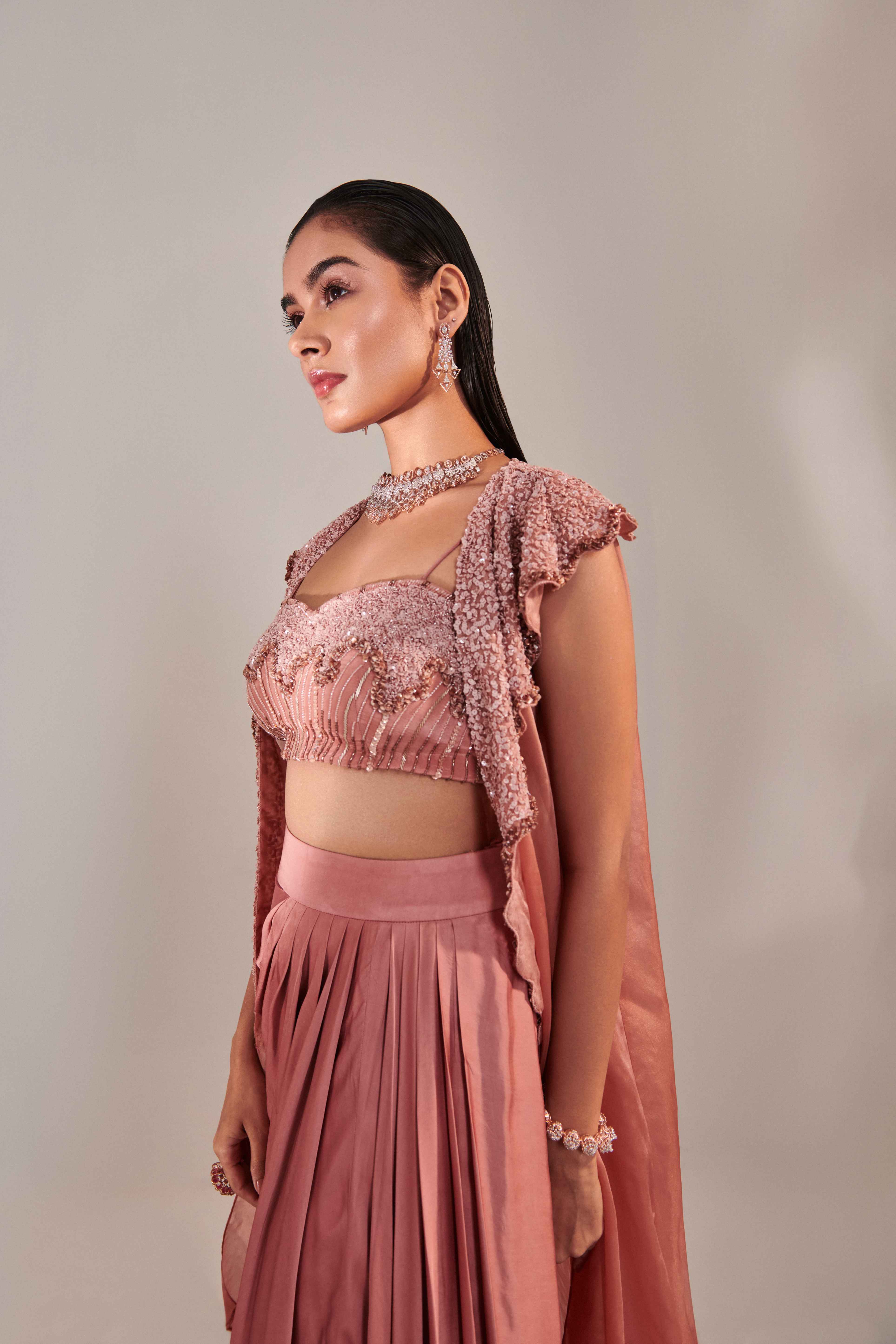 Salmon Pink Hawl Collar Cutwork  Cape - Image 5