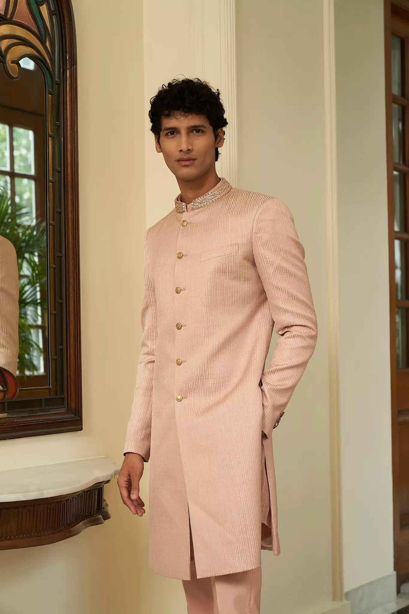 Salmon Striped Sherwani Set - Image 2