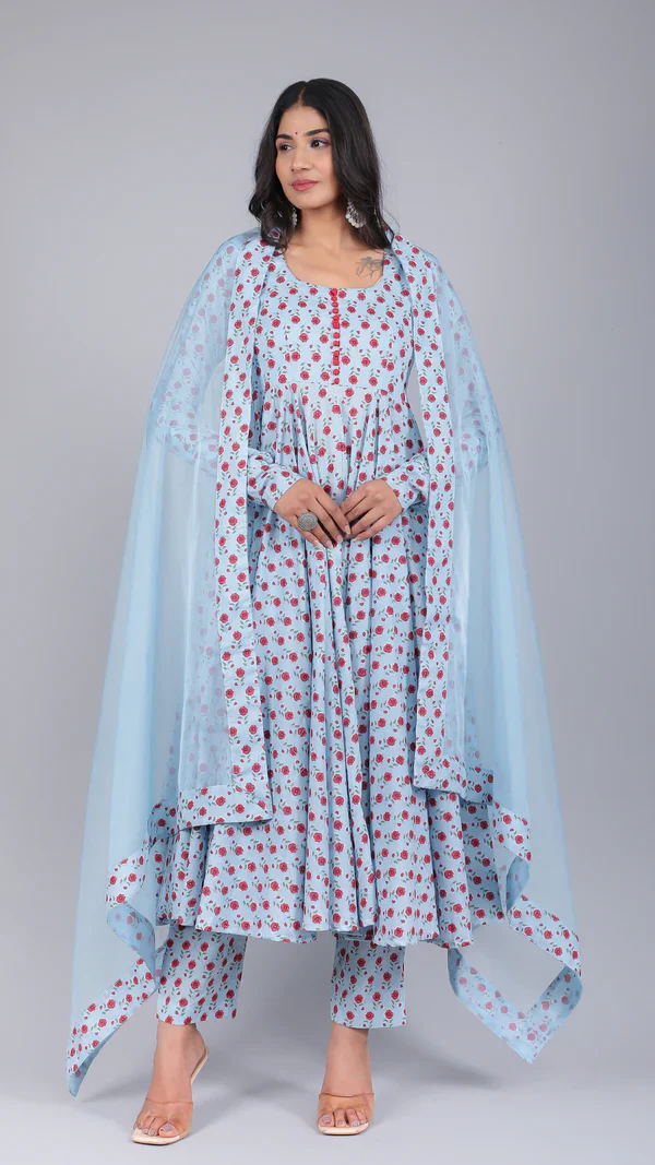 Sara Powder Blue Cotton Anarkali Set - Image 2