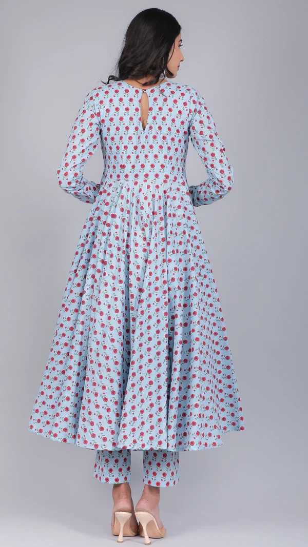Sara Powder Blue Cotton Anarkali Set - Image 4