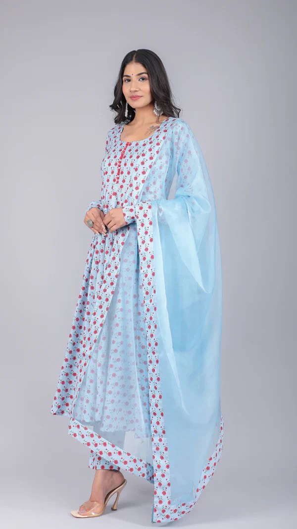 Sara Powder Blue Cotton Anarkali Set - Image 7