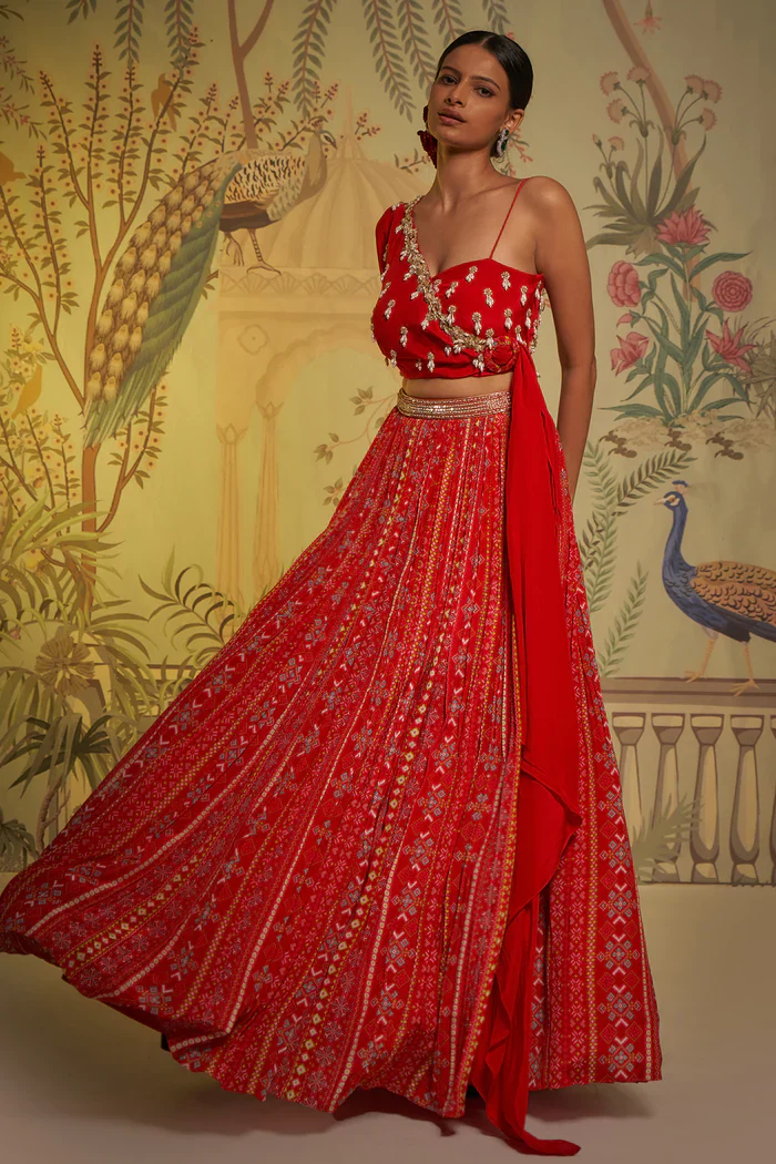 Scarlet Patola One Shoulder Drape Lehenga - Image 5