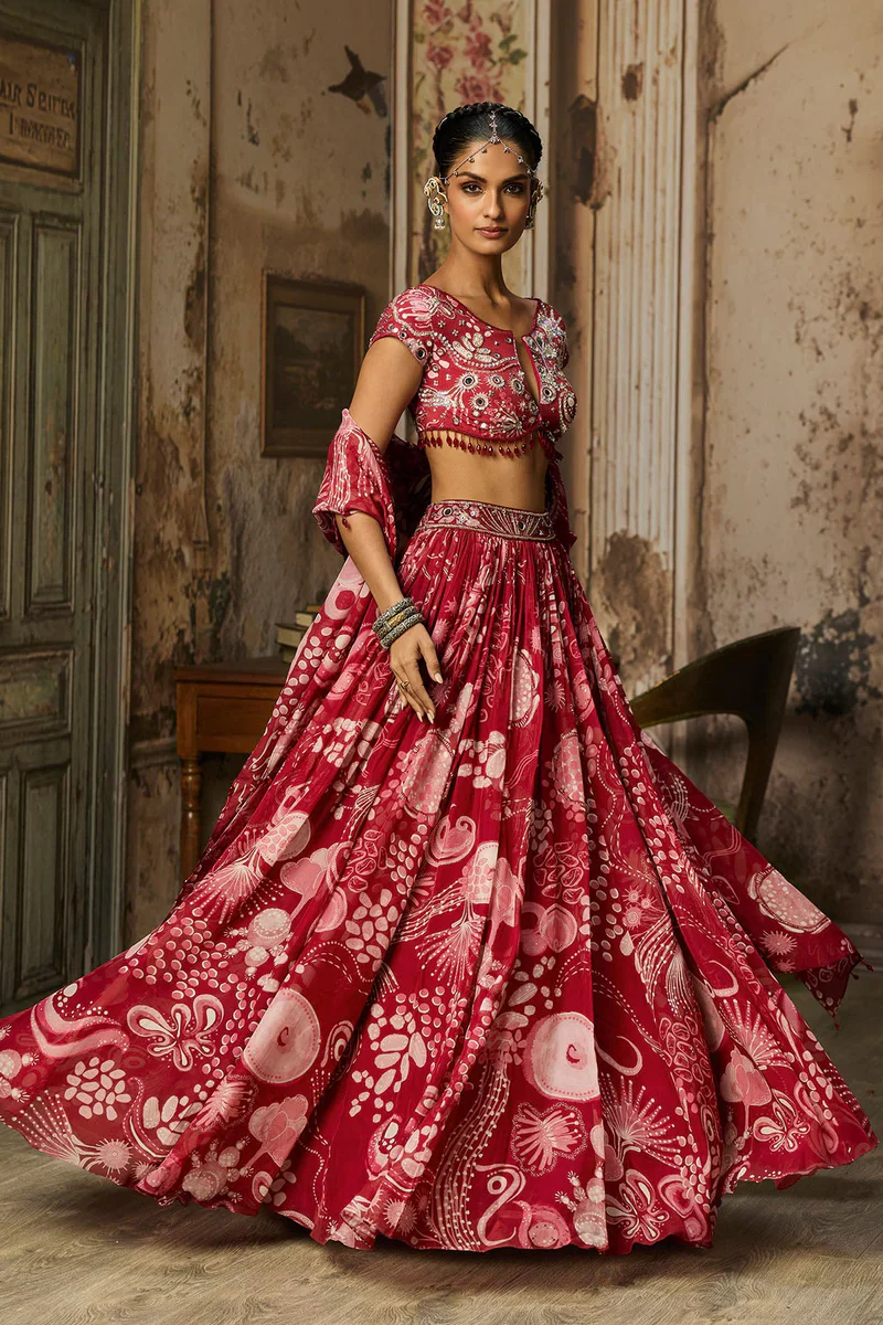 Scarlet Red Printed And Highlighted Lehenga Set - Image 2