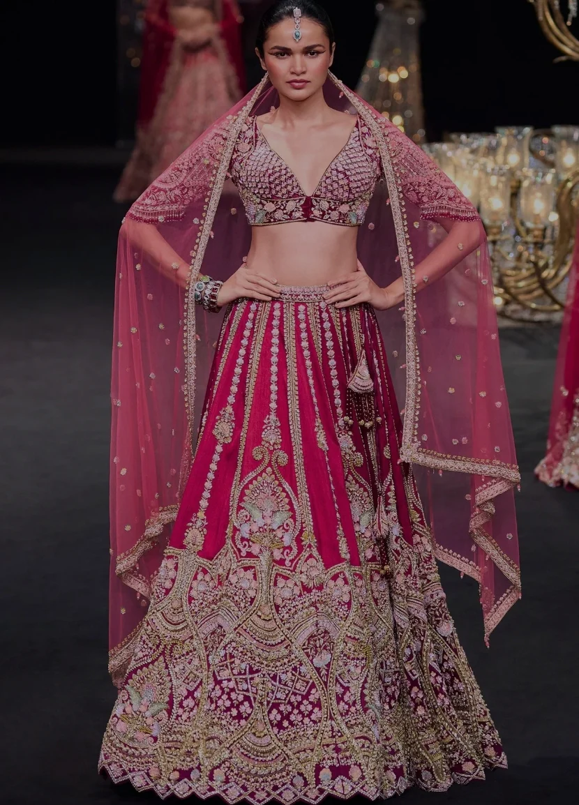 Scarlet Red Raw Silk 16 Kali Zardosi Lehenga With Koti Style Blouse Set