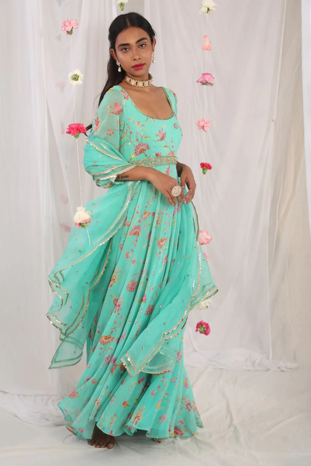 Sea Green High Low Anarkali - Image 4