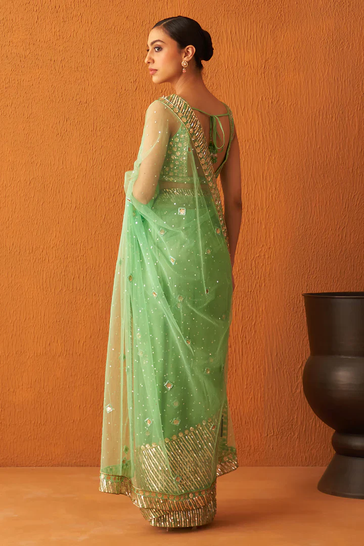 Sea Green Net Saree - Image 3