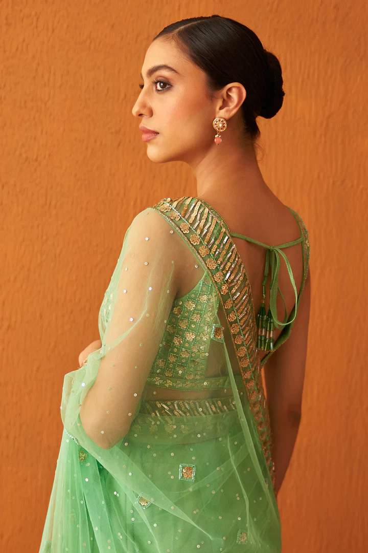 Sea Green Net Saree - Image 4