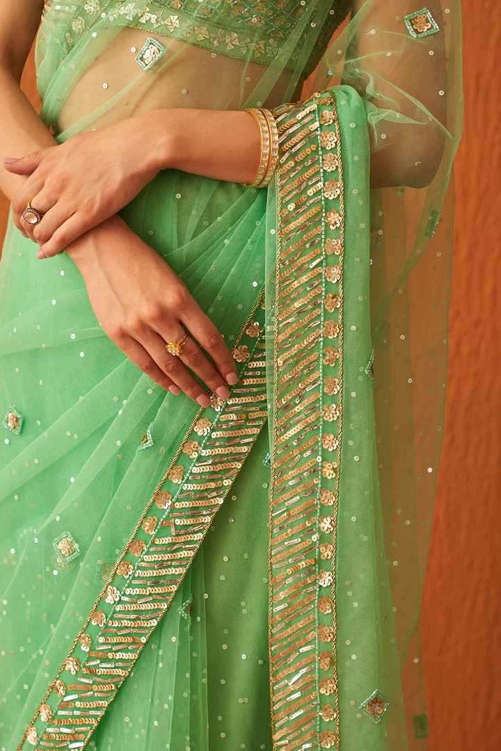 Sea Green Net Saree - Image 5