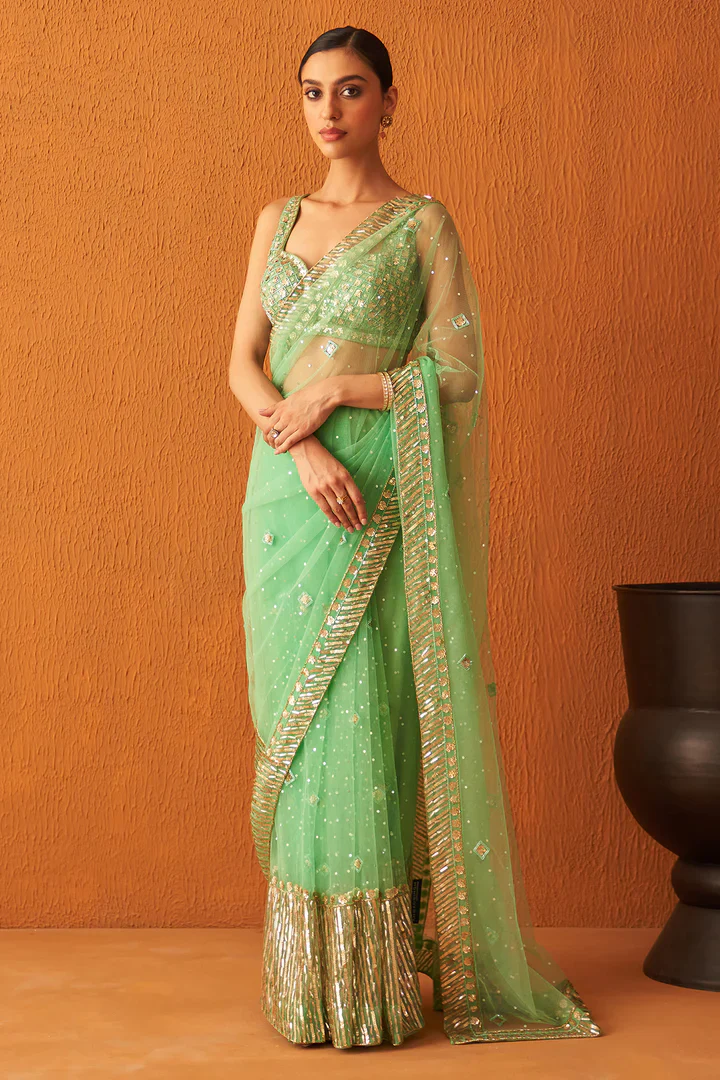 Sea Green Net Saree - Image 8