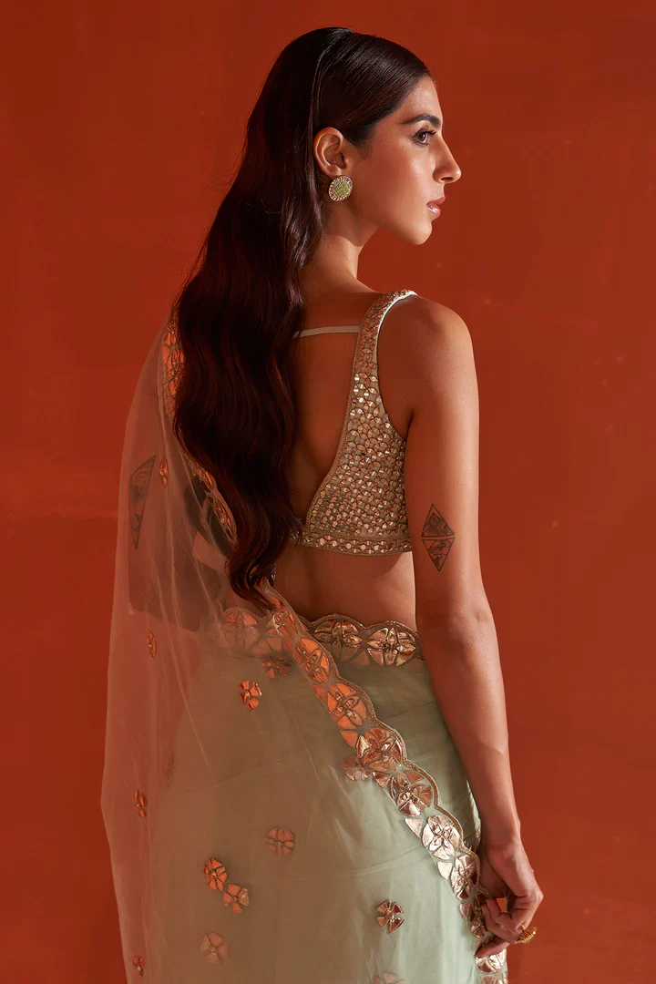 Sea Green Net Saree - Image 6