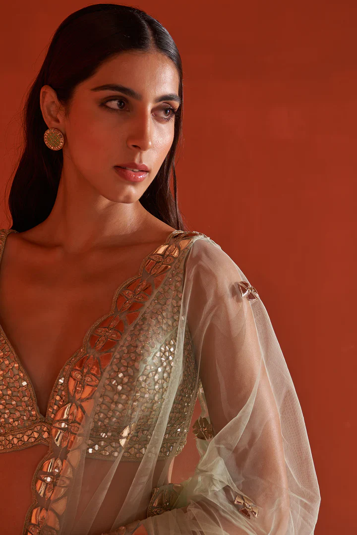 Sea Green Net Saree - Image 7
