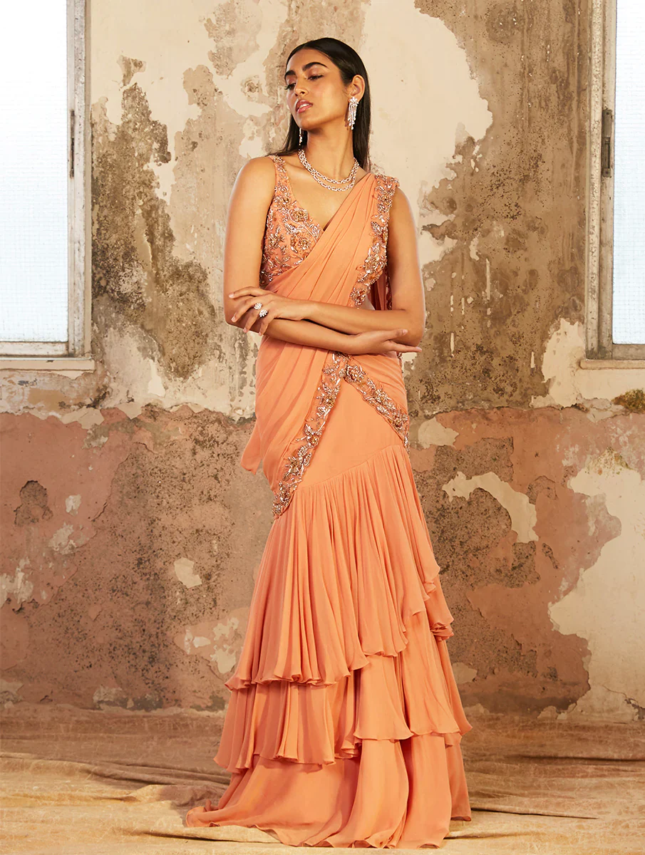 SERENA - Peach Layered Georgette Saree - Image 3
