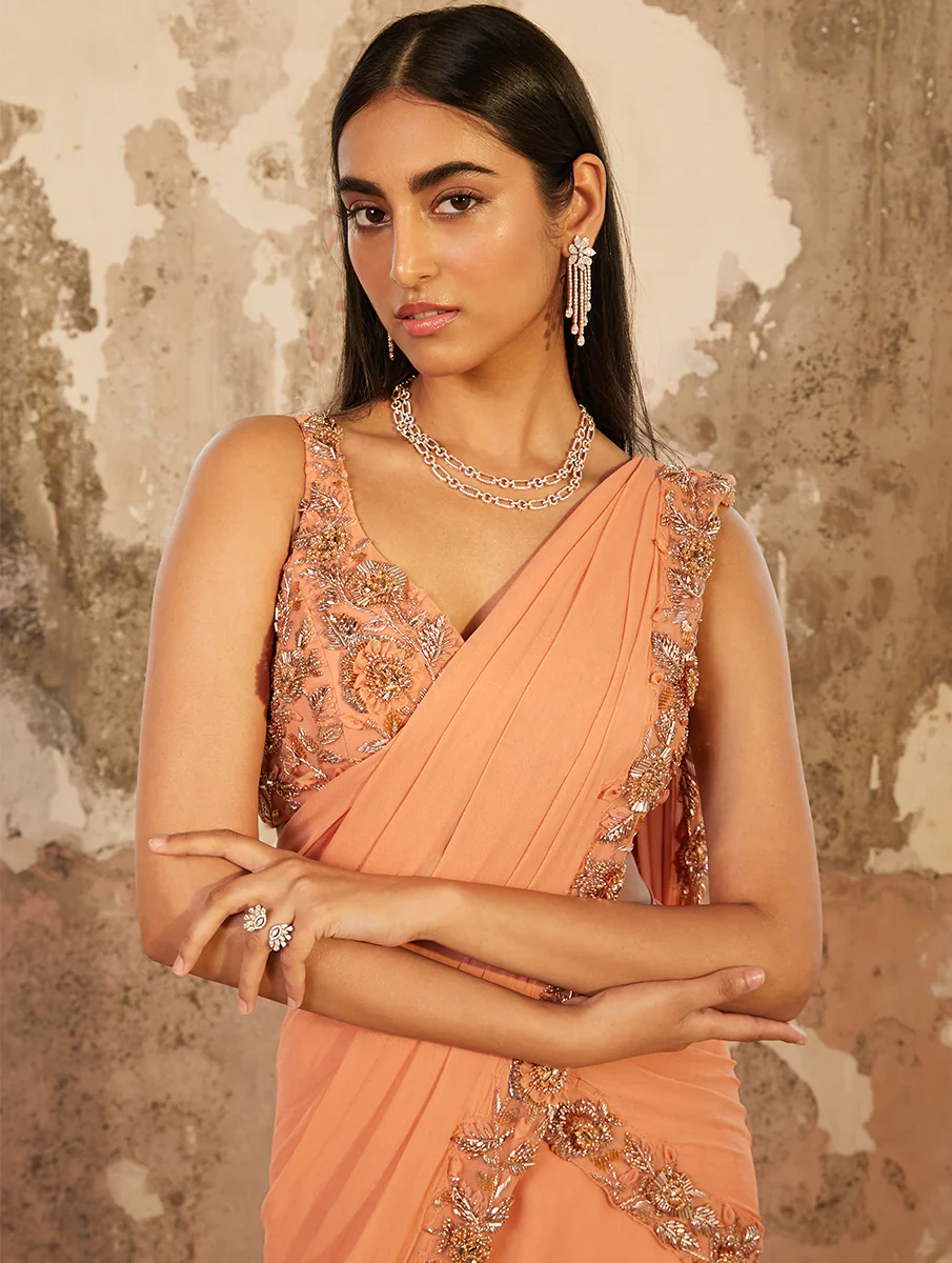 SERENA - Peach Layered Georgette Saree - Image 4