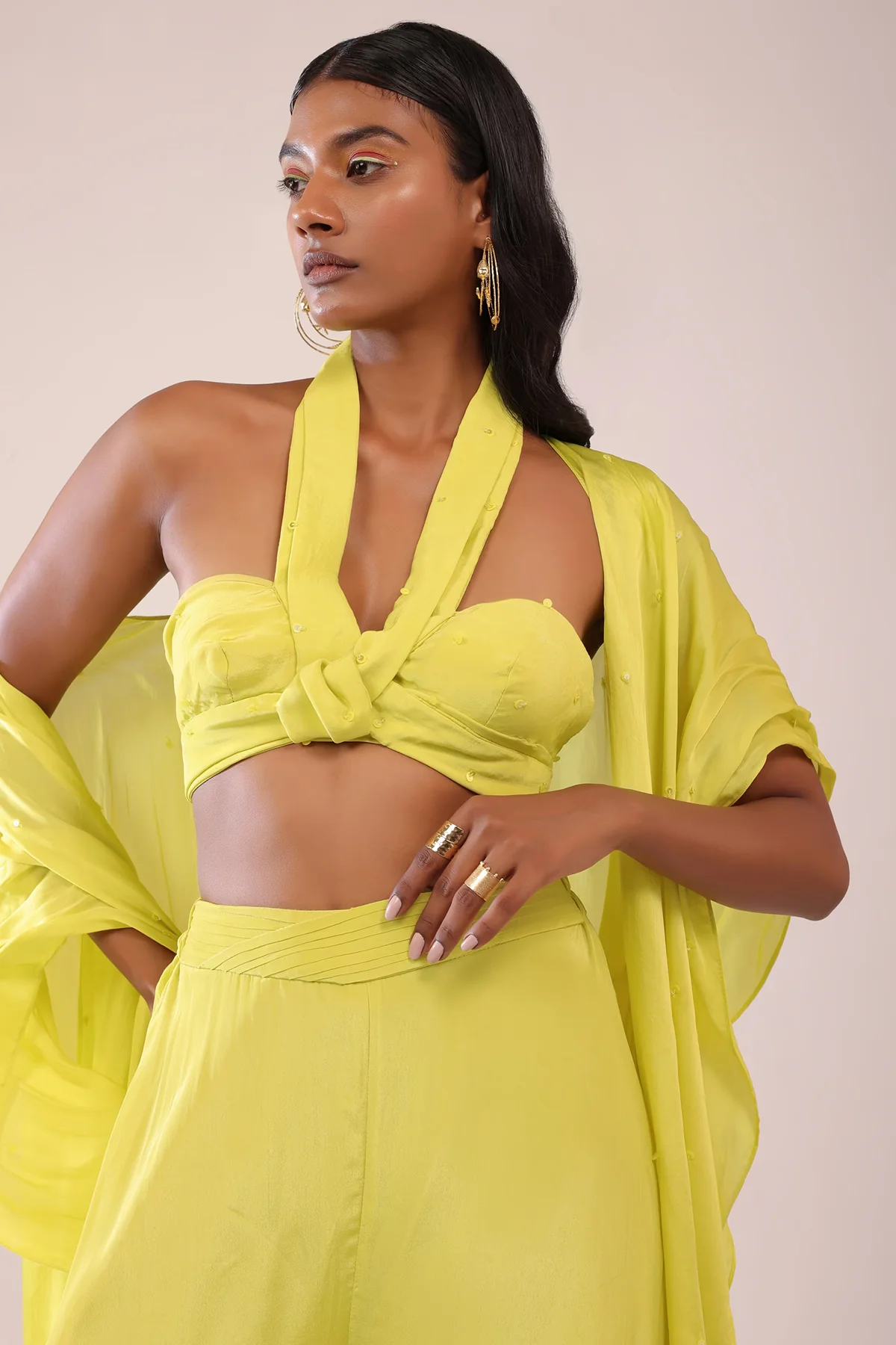 Sheen Green Halter Neck Top & Pant Set With Jacket In Crepe - Image 2