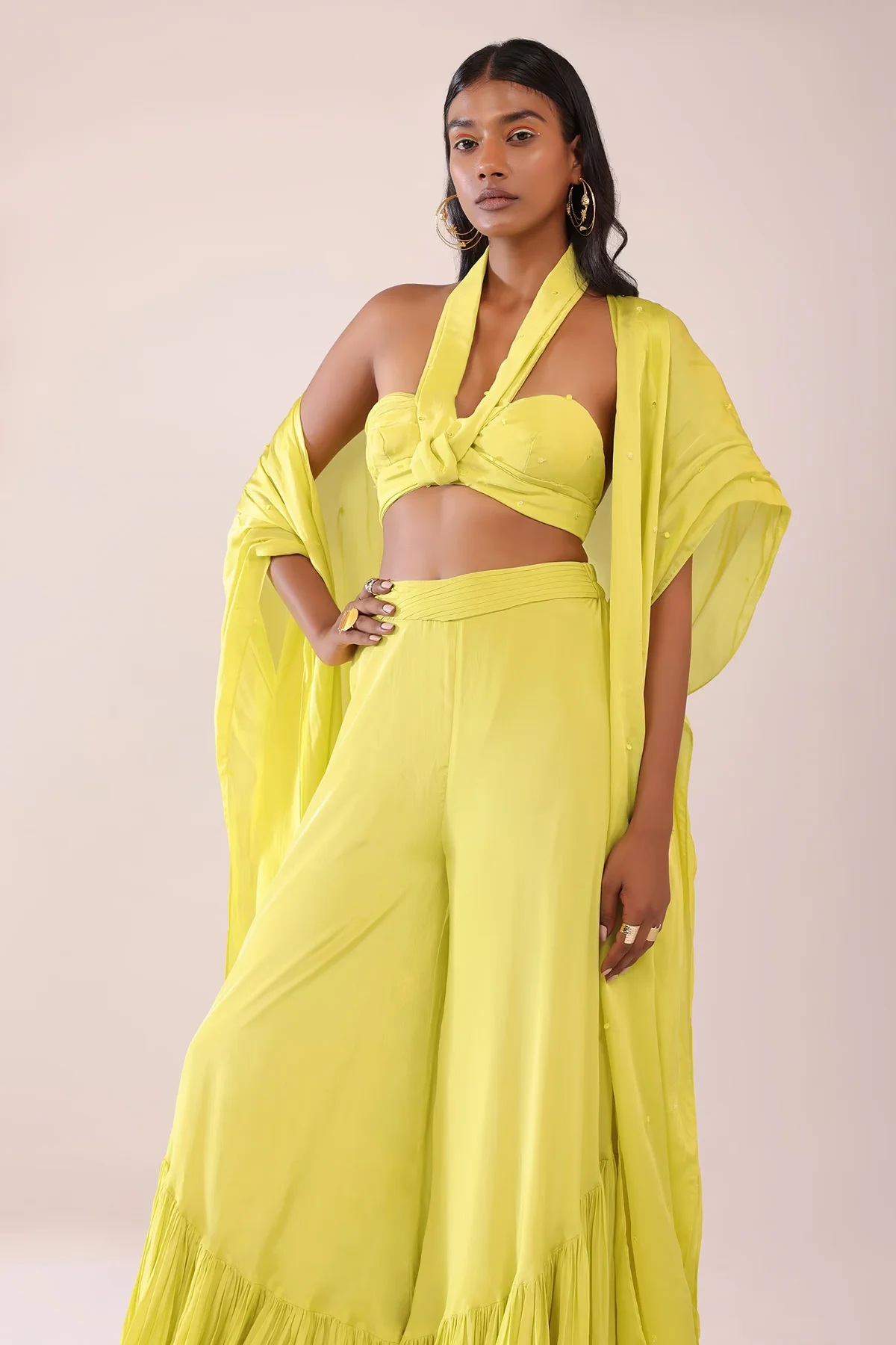 Sheen Green Halter Neck Top & Pant Set With Jacket In Crepe - Image 4