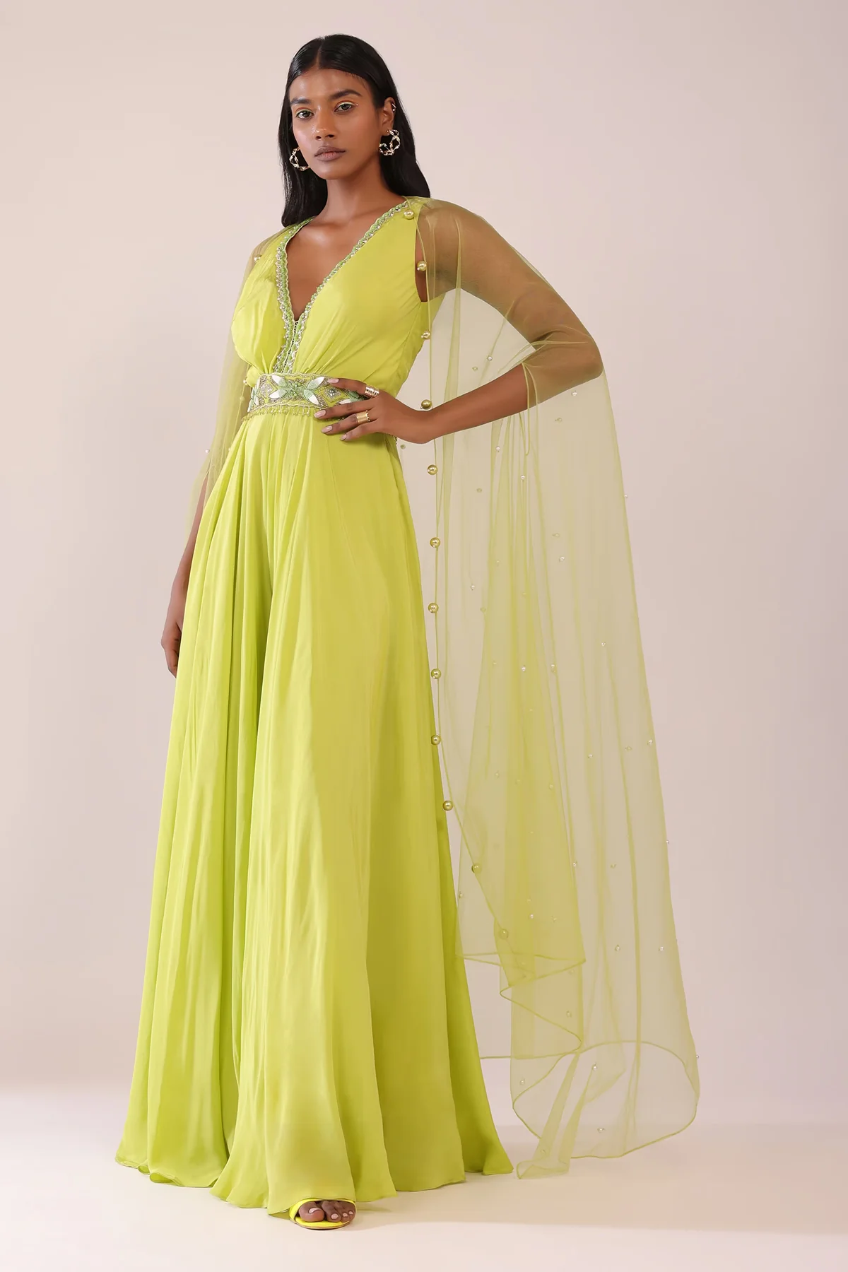 Sheen Green Indo-Western Jumpsuit In Crepe With Cutdana, Moti, And Stone Patti - Image 3