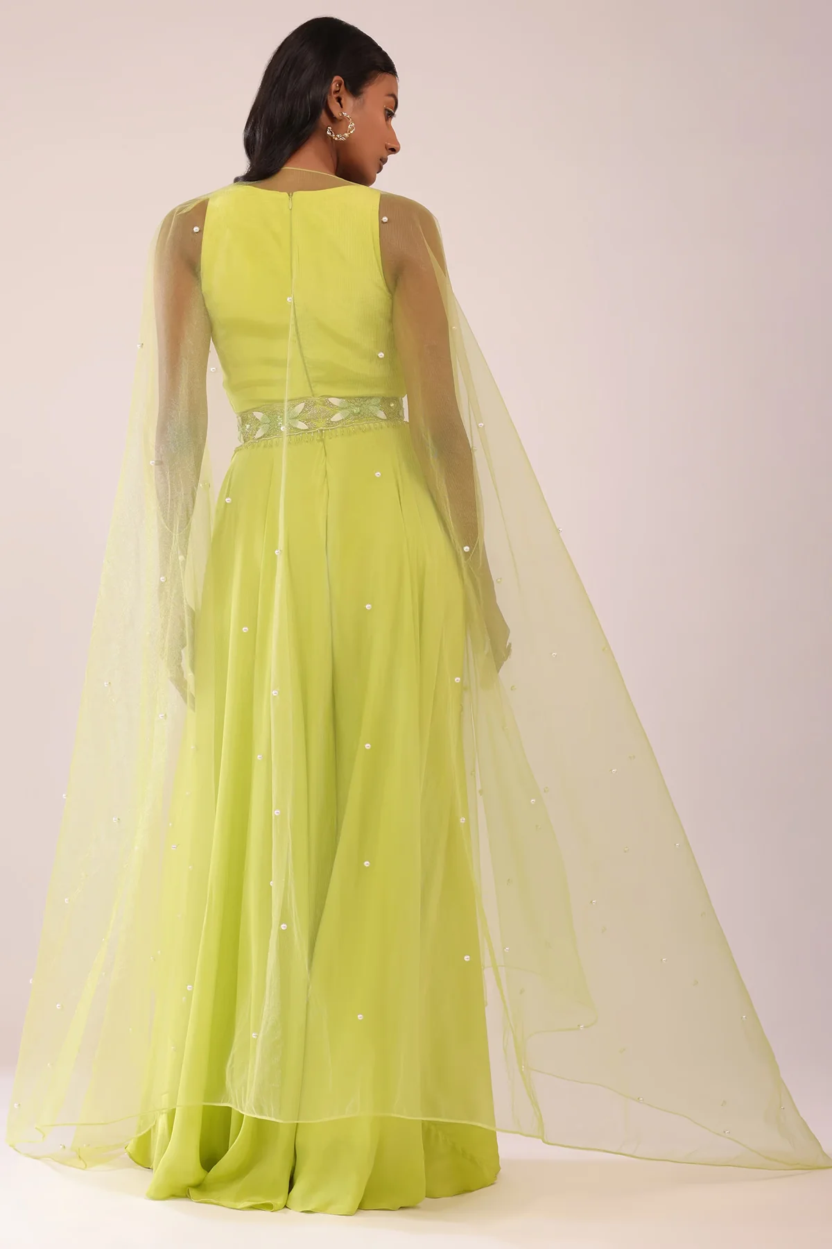 Sheen Green Indo-Western Jumpsuit In Crepe With Cutdana, Moti, And Stone Patti - Image 5